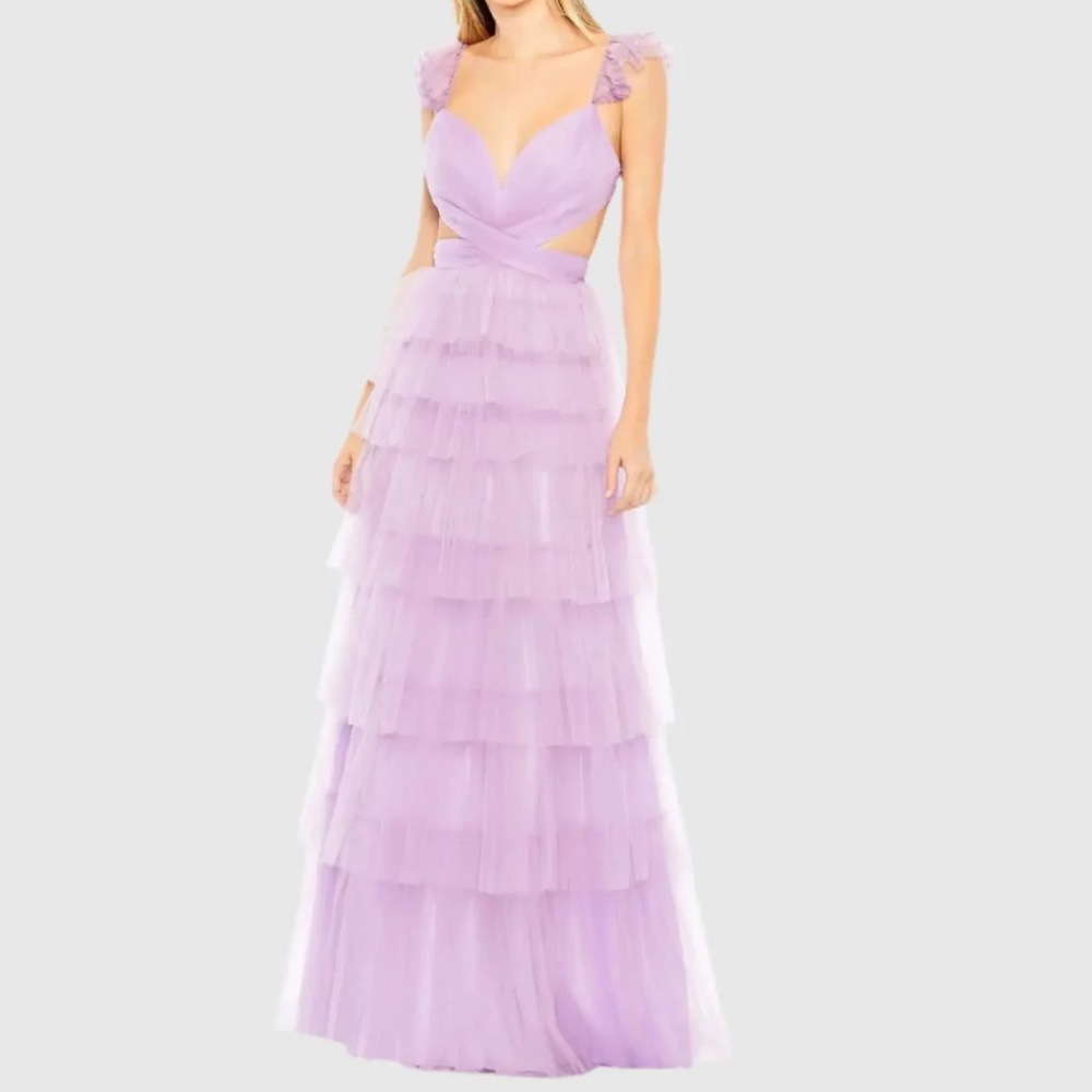 Mac Duggal | Lilac Ruffle Tiered Maxi Dress with Criss Cross Open Back